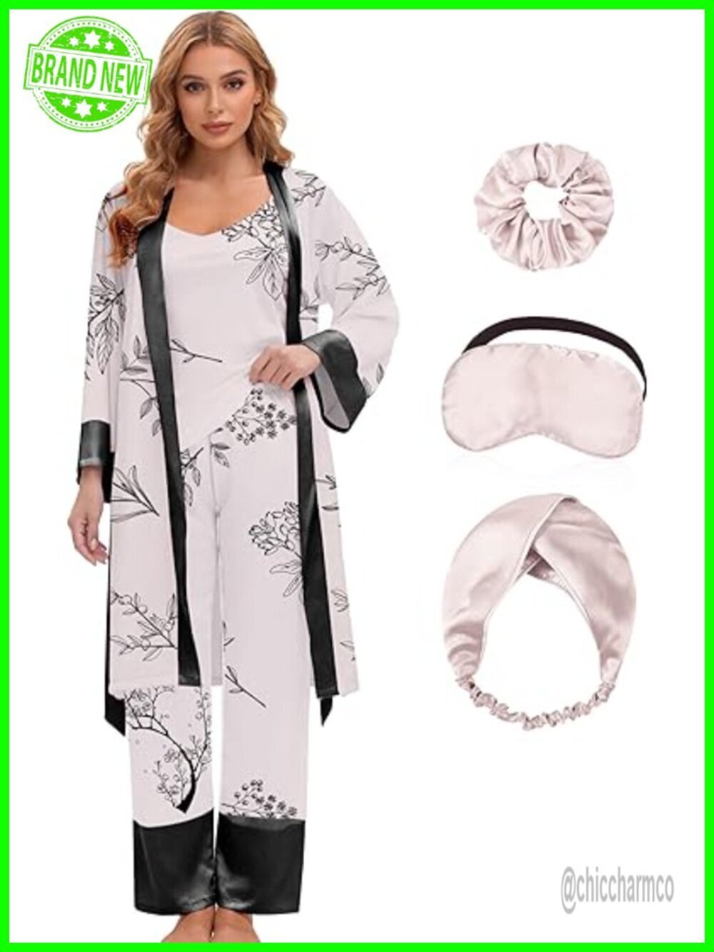 3 Piece Satin Pajama Set V-Neck Cami Top Pants Robe Sleepwear